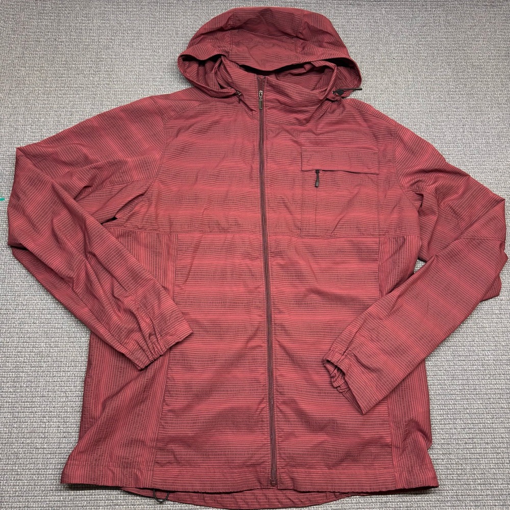 Nau Mens XL Red Striped Recycled Polyester Hooded Windbreaker Jacket 9485